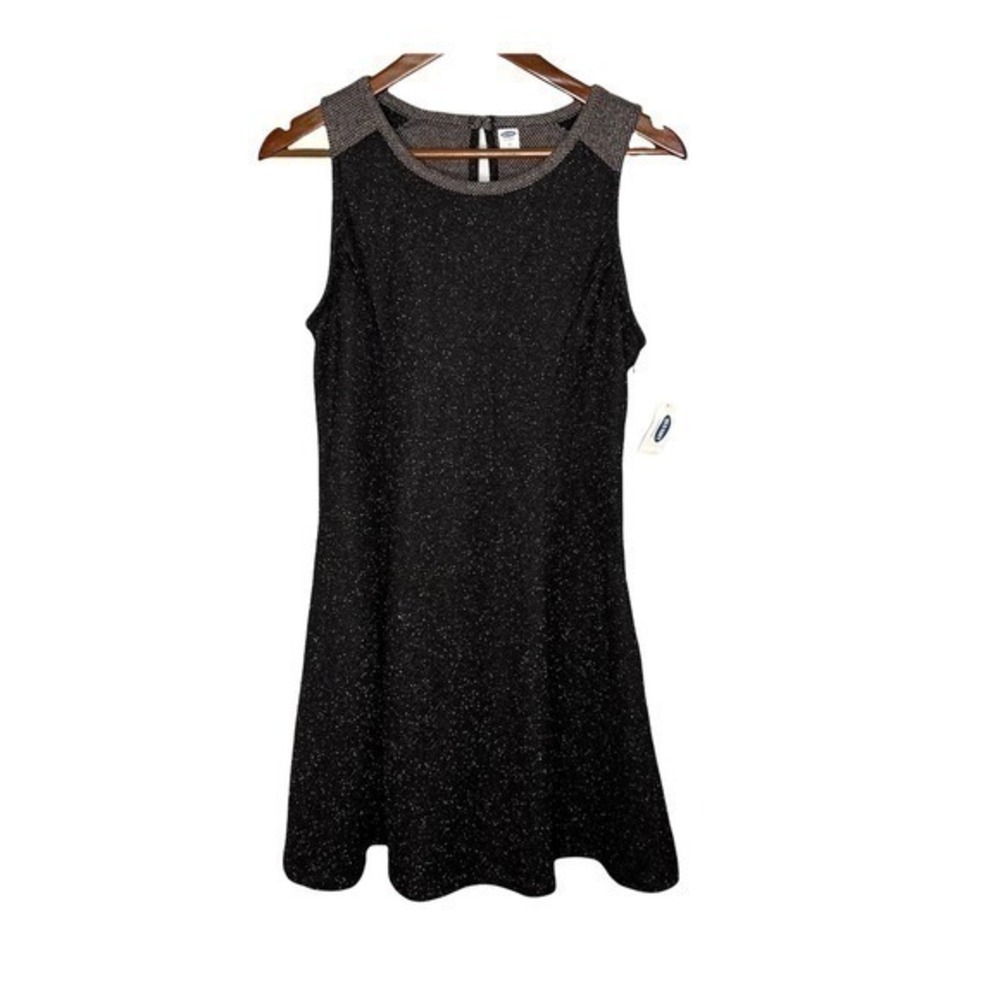 NWT Old navy black fit flare skater dress glittery casual keyhole back medium